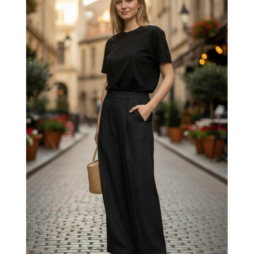 COS size 4 NWT High Rise Wide Leg Pleated Linen bl Pants Neutral Solid Black